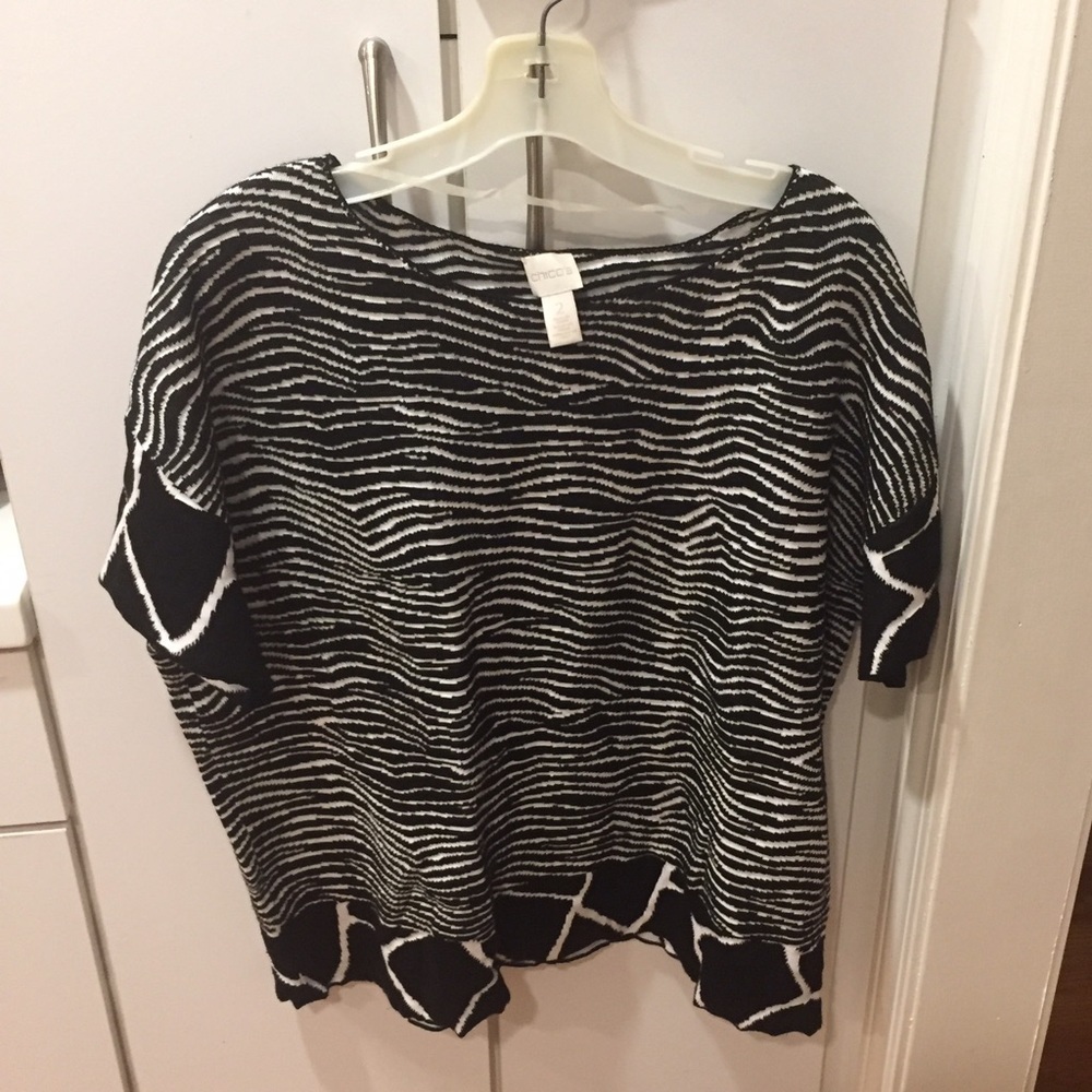 Chico’s Zebra Stripe Cotton Sweater NWOT Short Sleeve 2 (12-144) Black & white - Picture 2 of 4